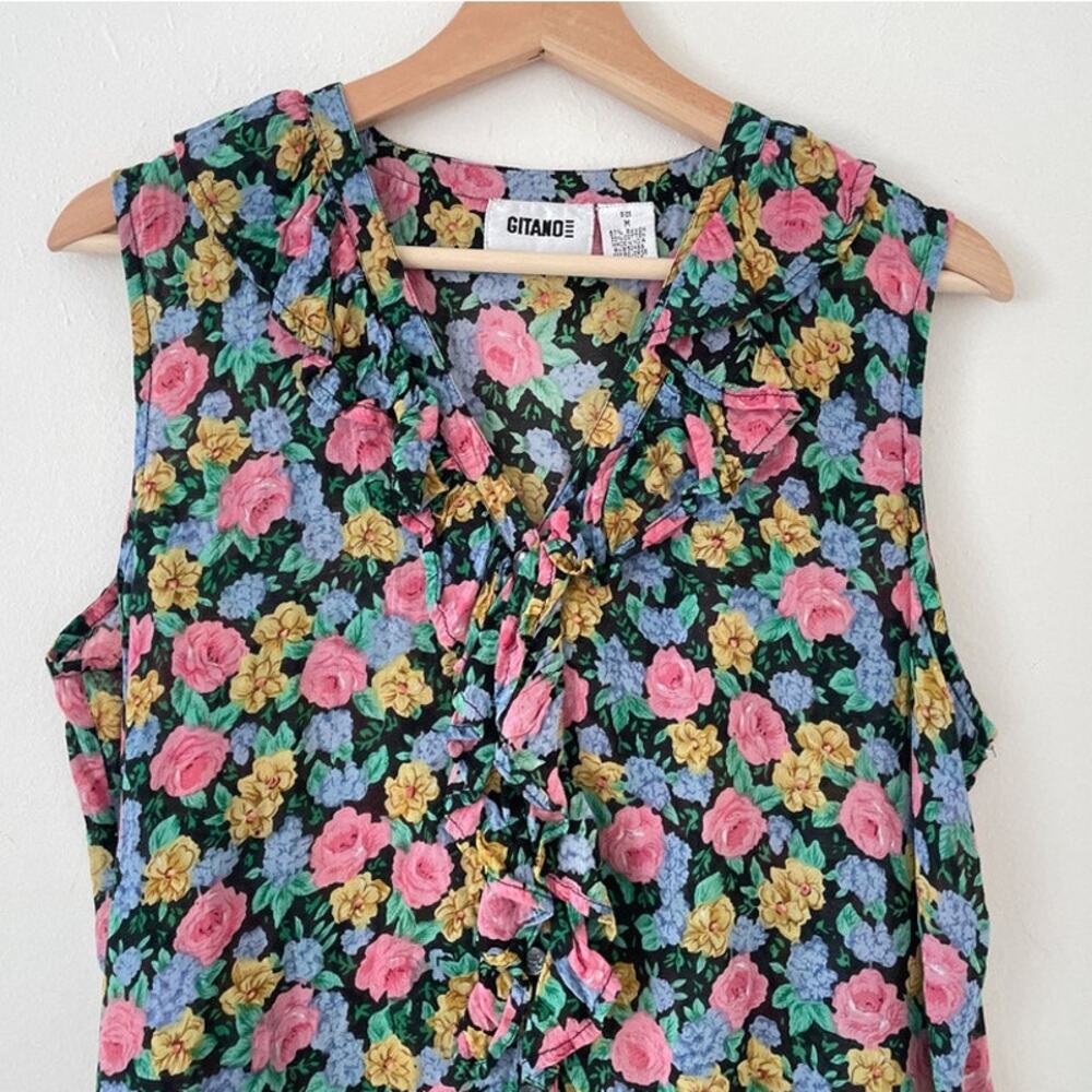 Vtg 90's Gitano Floral Ruffle Sleeveless Button Up Blouse Sz M Cottage Grunge